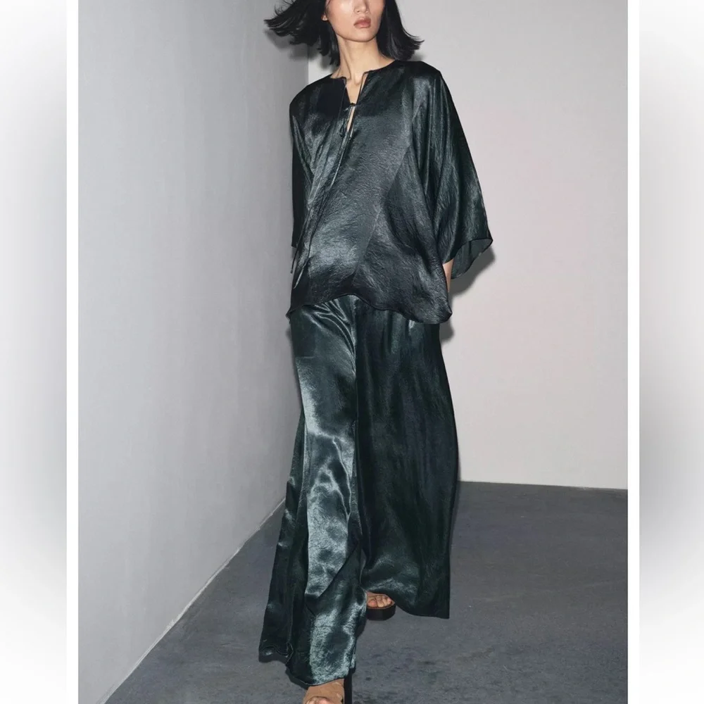 Zara NWT green oversized flowy satin wide leg pants